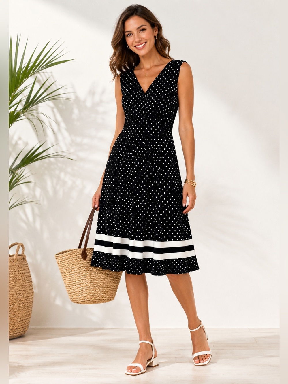 Lands’ End Black White Polka Dot Fit & Flare Wrap Dress Classic Midi